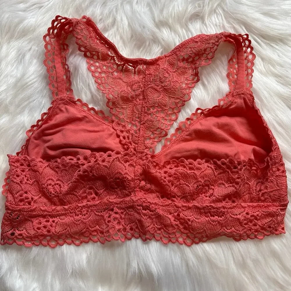 Aerie Coral Pink Lace Lightly Lined Racerback Bralette Size XL